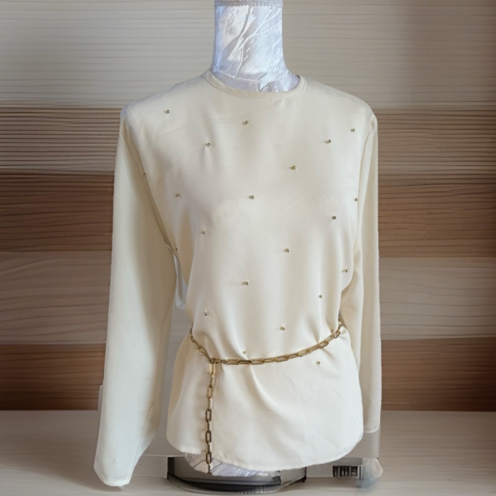 Vintage  Cream Long Sleeve Top with gold beads